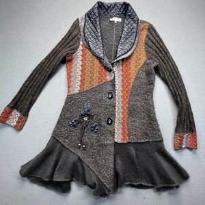 Keren Hart Mixed Textured Knit Jacket Cardigan Orange Stripe Detail Women's L